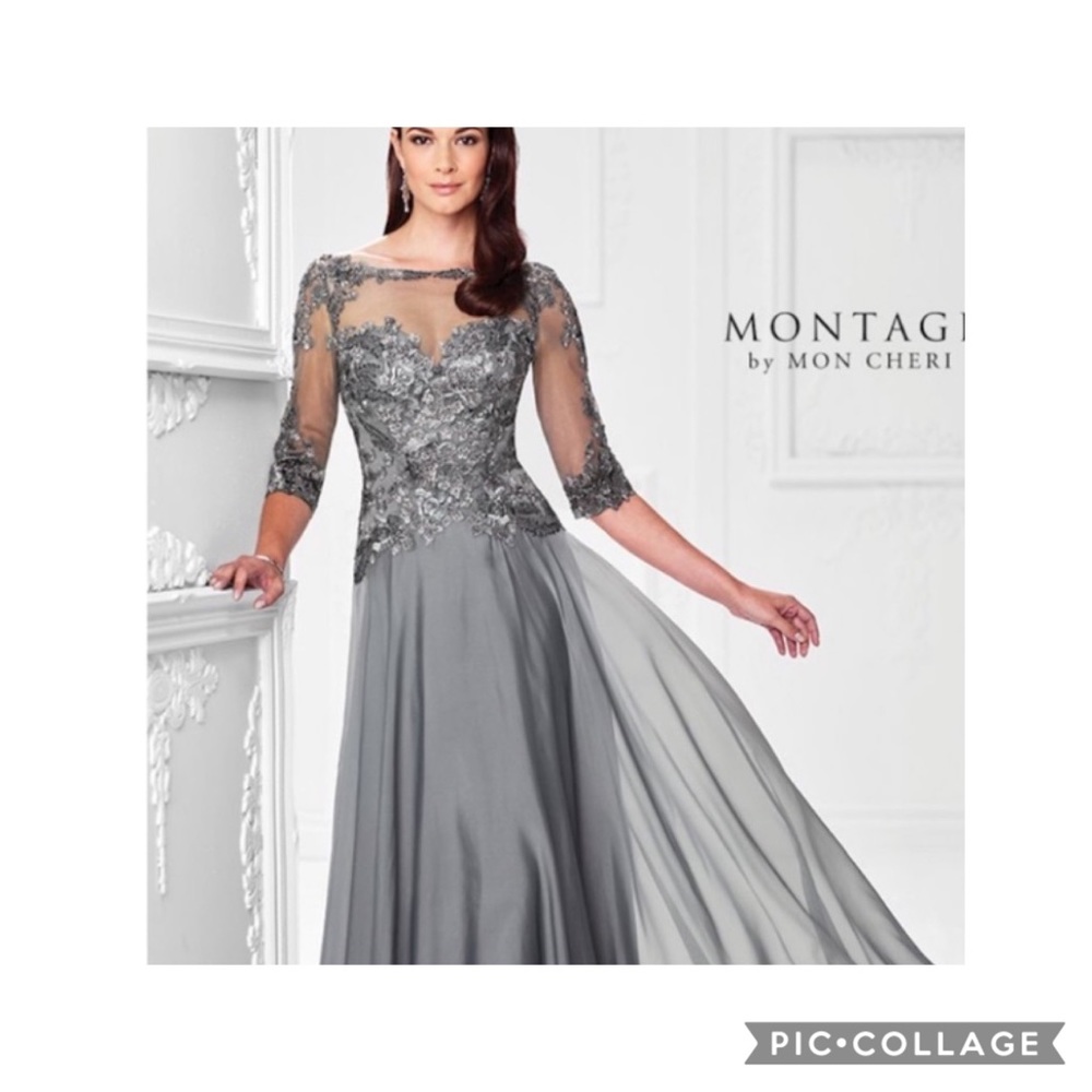 Montage by Moncheri illusion 3/4 length sleevesV- back long gown - Picture 11 of 11